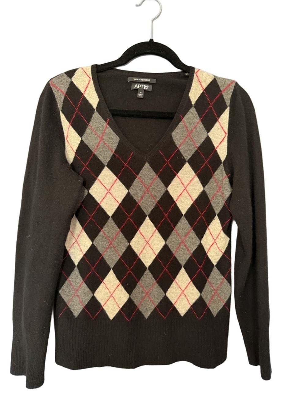 Apt. 9 Argyle Cashmere Sweater Cream Gray V-Neck Classic Preppy Knit Medium